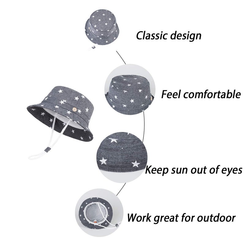 LANGZHEN Sun Protection Hat for Kids Toddler Boys Girls Wide Brim Summer Outdoor hat Cotton Baby Bucket Hat with Chin Strap (Dark Blue - Stars, XS: 3M-6M (46cm /18.1")) - Image 4
